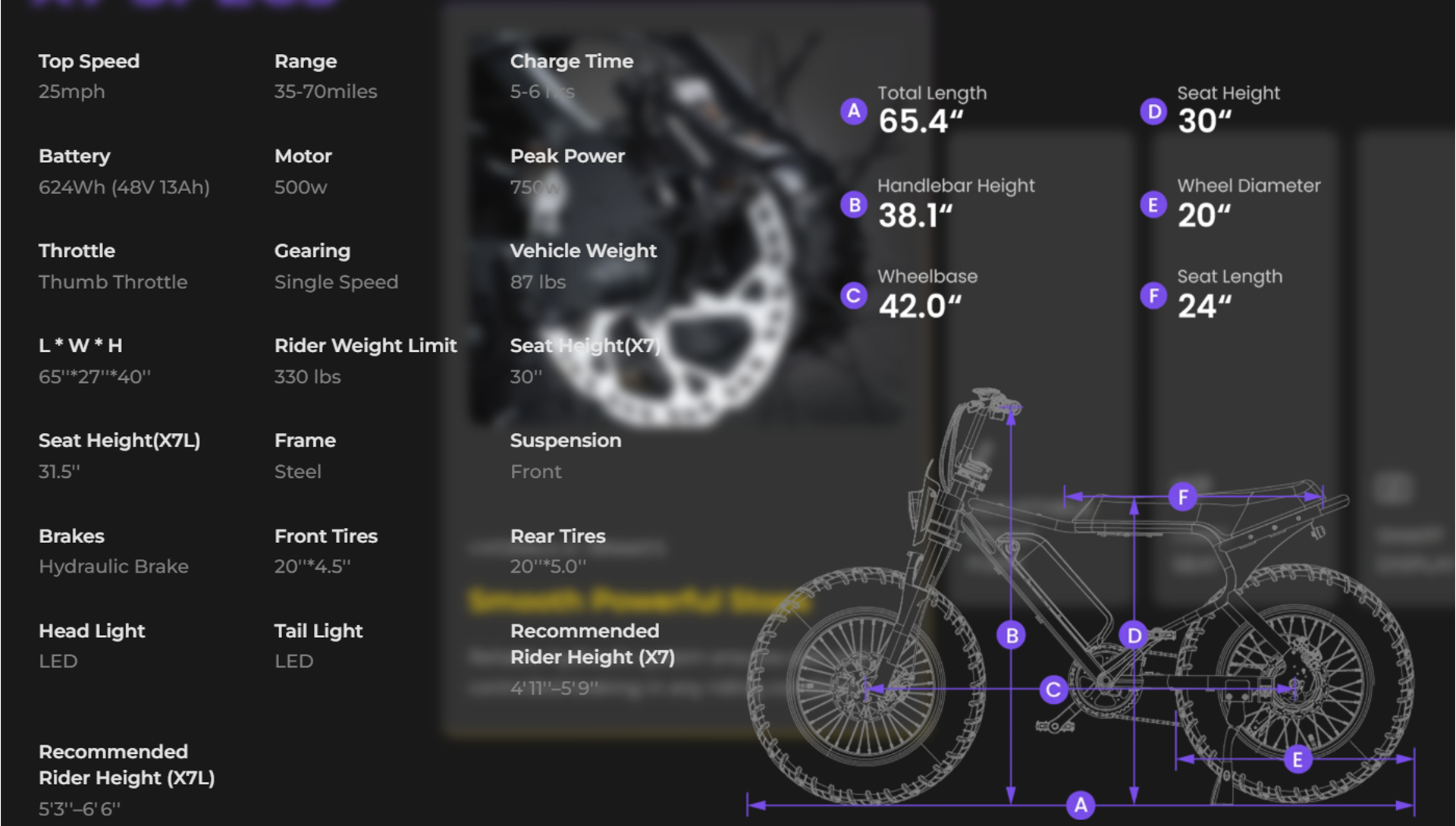 X7 Youth Moto Tech Specs Size Ebike