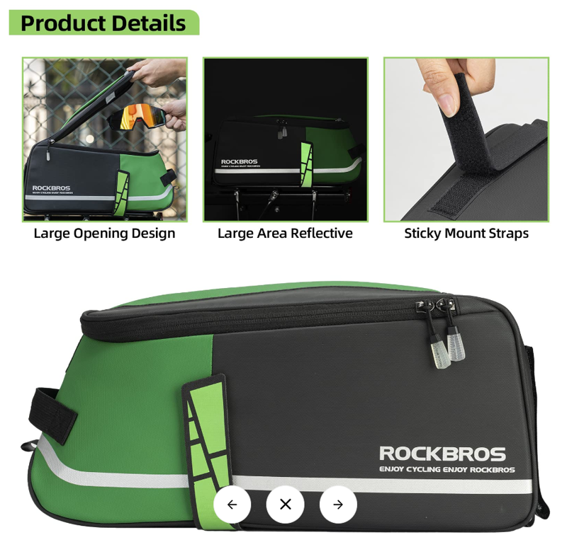 Trunk Bag - Green - Rear Rack Reflective Straps-5