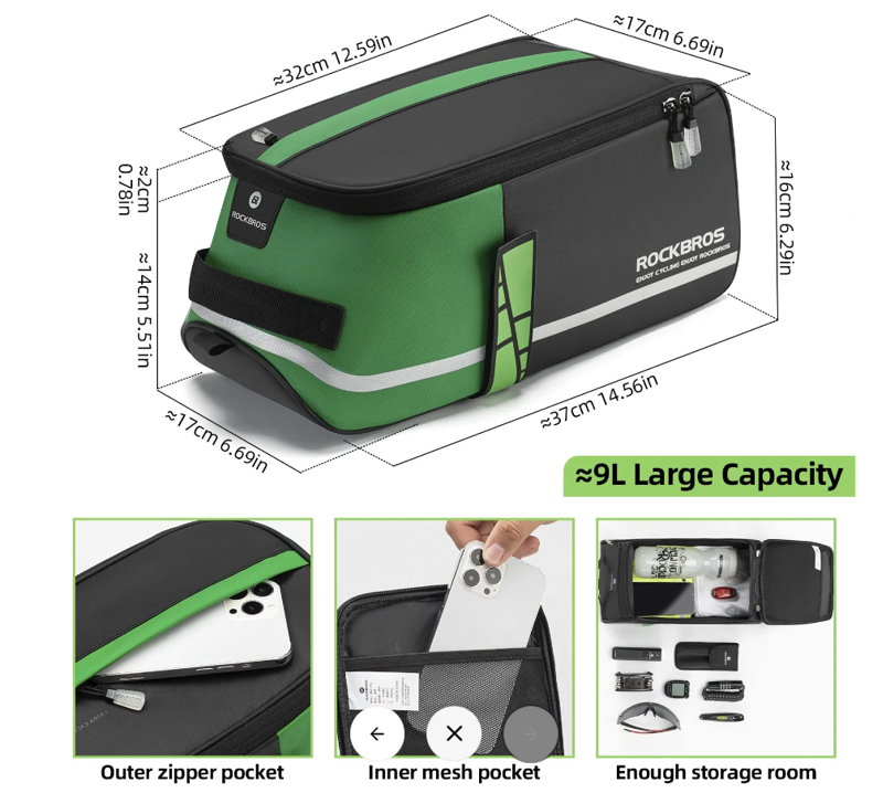 Trunk Bag - Green - Rear Rack Reflective Straps-6