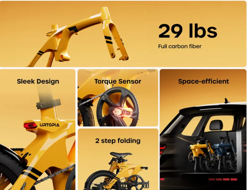 Urtopia Foldable Smart Carbon Fiber Ebike Saffron Yellow-10